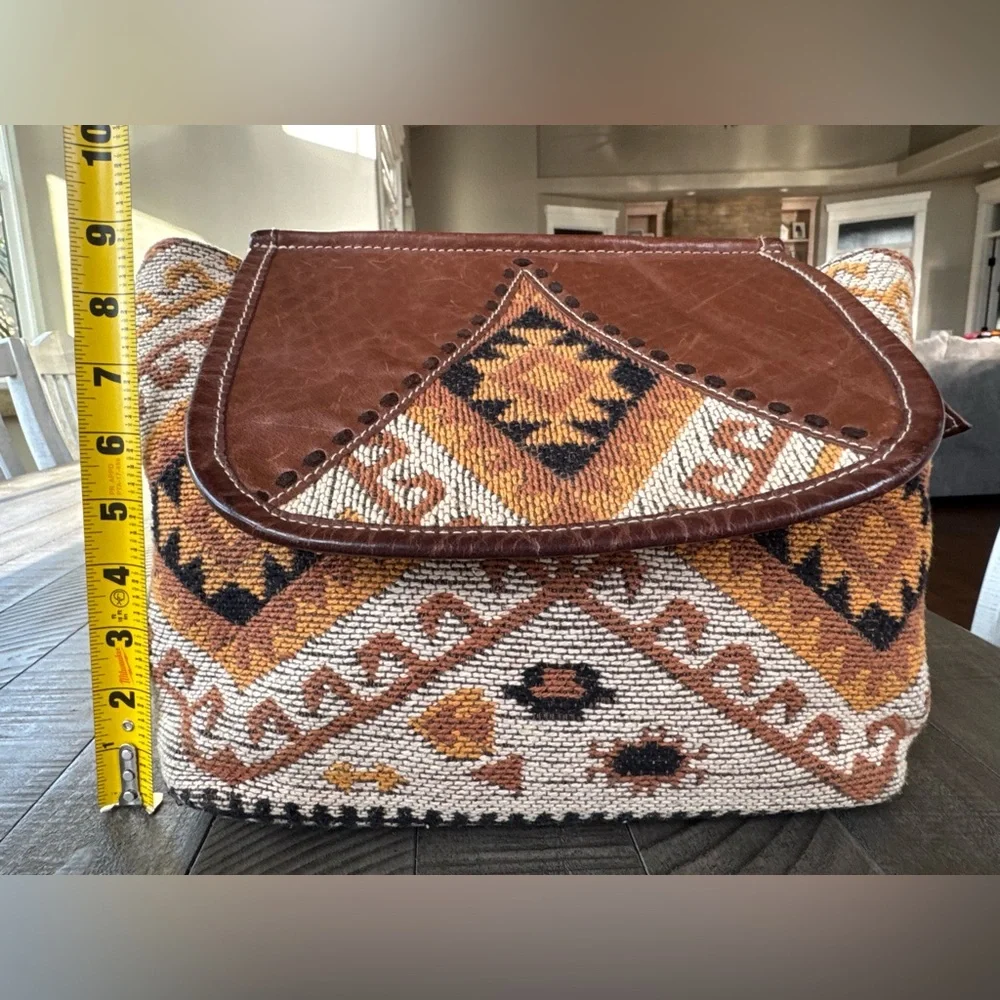 Myra Bag Handmade Terreous  Backpack Upcycled Canvas & Cowhide Leather
